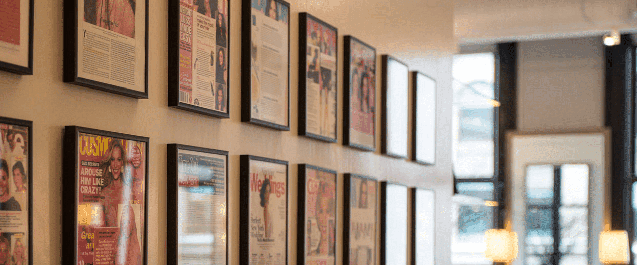 Wall decorated with framed magazine articles, creating a vibrant and artistic display.